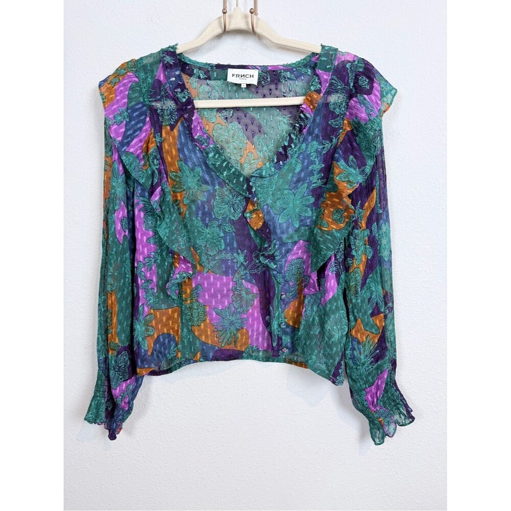 FRNCH Camouflower Green Floral V-Neck Ruffle V-neck Sheer Top M